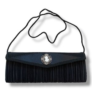 Jessica McClintock Black Pleated Satin Cameo Lace Envelope Style Clutch Purse